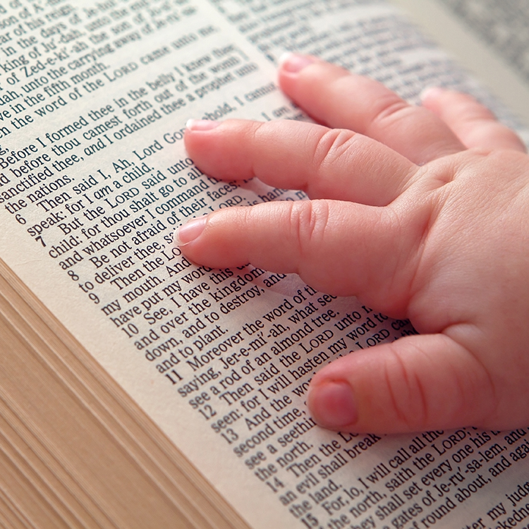 Baby Hand on Open Bible